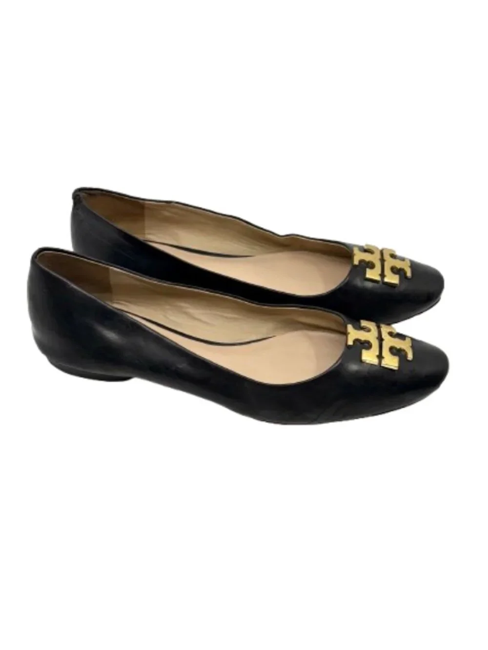 TORY BURCH~Raleigh~BLACK LEATHER BALLET FLATS SHOES GOLD LOGO Size 9M